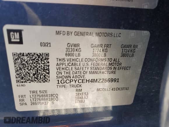 2021 Chevrolet Silverado 1500 Custom Trail Boss with VIN 1GCPYCEH4MZ256991, listed as a Copart auction lot 80017314 with 58,750 mi miles and Salvage title. Bid and sale history available at DreamBid. Image 13.