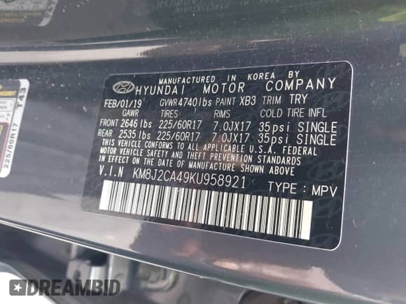 2019 Hyundai Tucson SE z VIN KM8J2CA49KU958921, wystawiony jako IAAI lot #42322518 z przebiegiem Nie podano mil oraz . Historia ofert i sprzedaży dostępna na DreamBid. Obrazek 9.
