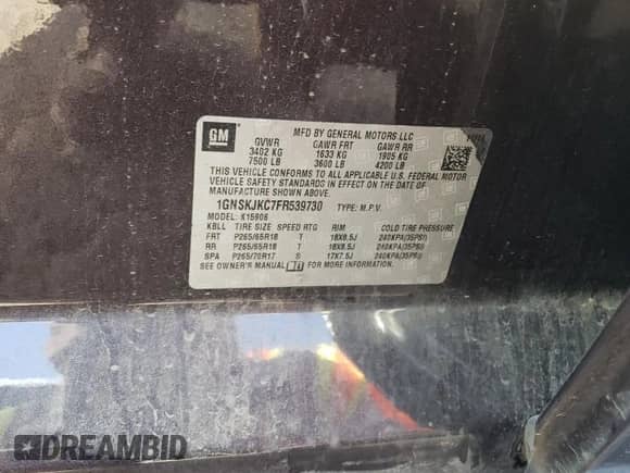 2015 Chevrolet Suburban LT с VIN 1GNSKJKC7FR539730, выставлен на аукционе Copart как лот 67384675 с пробегом 136 319 миль миль и Списание • Salvage title. История ставок и продаж доступна на DreamBid. Изображение 13.
