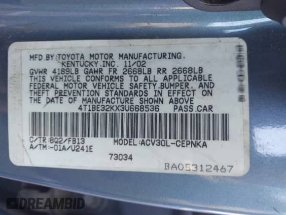 2003 Toyota Camry XLE с VIN 4T1BE32KX3U668536, выставлен на аукционе IAAI как лот 43355433 с пробегом 204 841 миль миль и . История ставок и продаж доступна на DreamBid. Изображение 9.