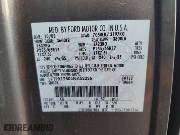 2004 Ford F-150 XL with VIN 1FTPX12504NA52326, listed as a Copart auction lot 82743415 with 254,627 mi miles and Clean title. Bid and sale history available at DreamBid. Image 12.
