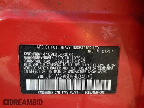 2017 Subaru WRX STI with VIN JF1VA2V60H9834570, listed as a Copart auction lot 71701305 with 96,074 mi miles and Salvage title. Bid and sale history available at DreamBid. Image 12.