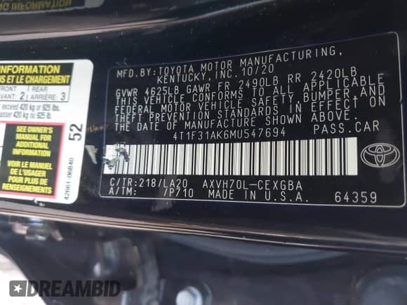 2021 Toyota Camry Hybrid XLE with VIN 4T1F31AK6MU547694, listed as a IAAI auction lot 42618333 with 18,489 mi miles and . Bid and sale history available at DreamBid. Image 9.