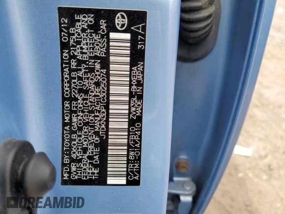 2012 Toyota Prius with VIN JTDKN3DP1C3025074, listed as a Copart auction lot 67586445 with 154,771 mi miles and Salvage title. Bid and sale history available at DreamBid. Image 12.