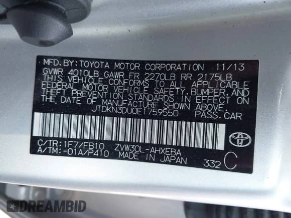 2014 Toyota Prius Two с VIN JTDKN3DU0E1759550, выставлен на аукционе IAAI как лот 43249254 с пробегом 188 567 миль миль и . История ставок и продаж доступна на DreamBid. Изображение 9.