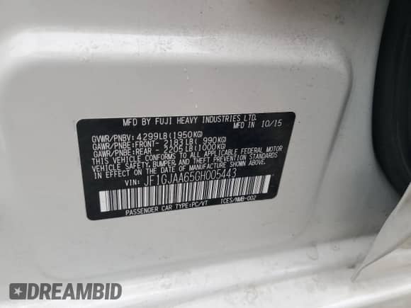 2016 Subaru Impreza with VIN JF1GJAA65GH005443, listed as a Copart auction lot 80482475 with 95,239 mi miles and Salvage title. Bid and sale history available at DreamBid. Image 12.