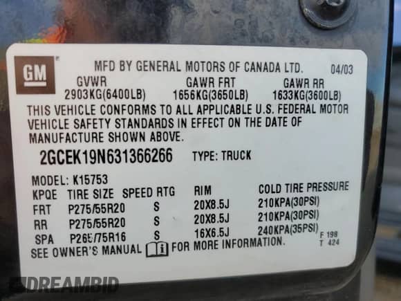 2003 Chevrolet Silverado SS с VIN 2GCEK19N631366266, выставлен на аукционе Copart как лот 79645644 с пробегом 146 791 миль миль и Списание • Salvage title. История ставок и продаж доступна на DreamBid. Изображение 12.