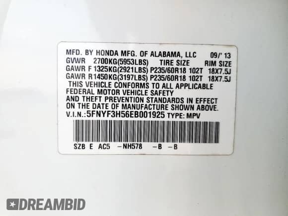 2014 Honda Pilot EX-L with VIN 5FNYF3H56EB001925, listed as a Copart auction lot 80243515 with 119,891 mi miles and Salvage title. Bid and sale history available at DreamBid. Image 14.