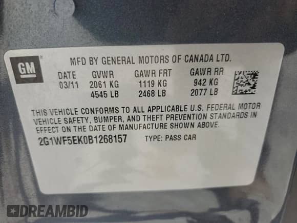 2011 Chevrolet Impala LS Fleet с VIN 2G1WF5EK0B1268157, выставлен на аукционе Copart как лот 69974235 с пробегом 104 382 миль миль и Списание • Salvage title. История ставок и продаж доступна на DreamBid. Изображение 12.
