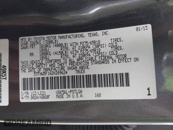 2013 Toyota Tundra Limited с VIN 5TFHW5F16DX289624, выставлен на аукционе IAAI как лот 42431374 с пробегом 115 432 миль миль и . История ставок и продаж доступна на DreamBid. Изображение 9.