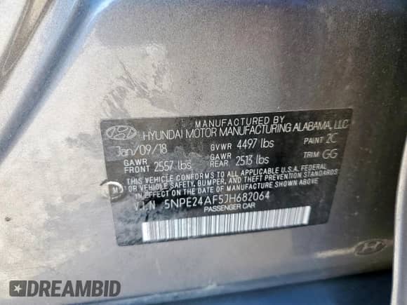 2018 Hyundai Sonata SE with VIN 5NPE24AF5JH682064, listed as a Copart auction lot 85357345 with 109,588 mi miles and Salvage title. Bid and sale history available at DreamBid. Image 13.