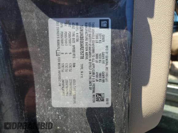 2010 Chevrolet Tahoe LT z VIN 1GNUKBE06AR275778, wystawiony jako Copart lot #71747875 z przebiegiem Nie podano mil oraz Szkoda całkowita • Salvage title. Historia ofert i sprzedaży dostępna na DreamBid. Obrazek 13.