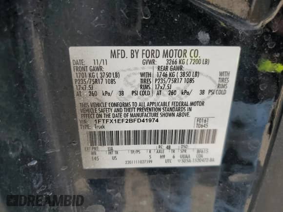 2011 Ford F-150 XL с VIN 1FTFX1EF2BFD41974, выставлен на аукционе Copart как лот 66920575 с пробегом 189 007 миль миль и Списание • Salvage title. История ставок и продаж доступна на DreamBid. Изображение 12.