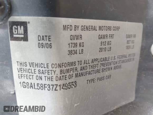2007 Saturn ION ION 3 with VIN 1G8AL58F37Z149553, listed as a IAAI auction lot 42372998 with 168,532 mi miles and . Bid and sale history available at DreamBid. Image 9.