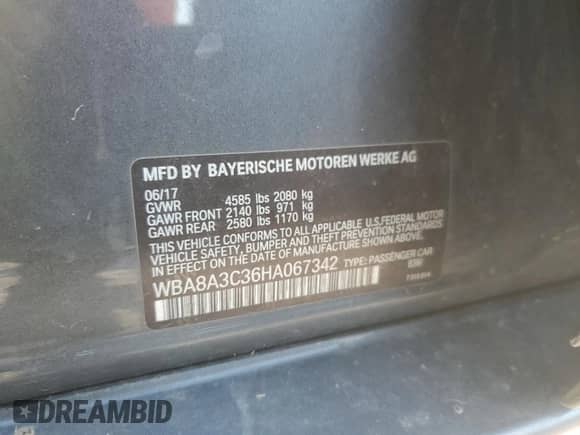 2017 BMW 3 Series 320i xDrive with VIN WBA8A3C36HA067342, listed as a Copart auction lot 67949055 with 87,250 mi miles and Salvage title. Bid and sale history available at DreamBid. Image 12.