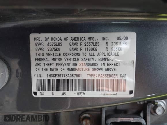 2008 Honda Accord EX z VIN 1HGCP36778A067961, wystawiony jako IAAI lot #42495839 z przebiegiem 144 695 mil mil oraz . Historia ofert i sprzedaży dostępna na DreamBid. Obrazek 9.