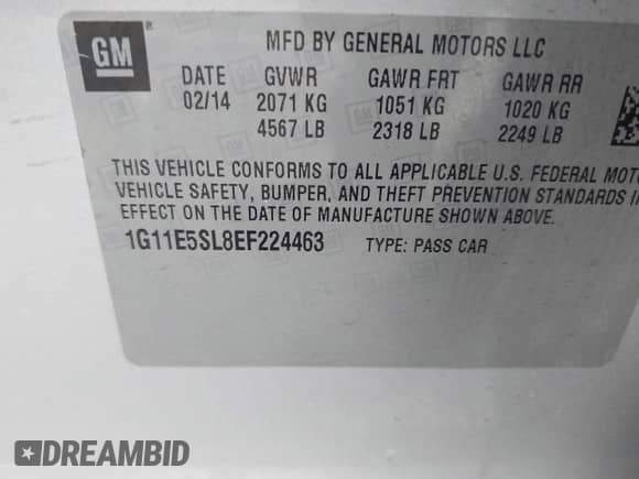 2014 Chevrolet Malibu LT with VIN 1G11E5SL8EF224463, listed as a IAAI auction lot 43100256 with 158,389 mi miles and . Bid and sale history available at DreamBid. Image 9.