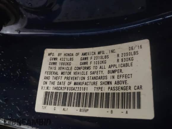 2016 Honda Accord EX-L with VIN 1HGCR2F90GA233161, listed as a IAAI auction lot 42372648 with 76,522 mi miles and . Bid and sale history available at DreamBid. Image 9.