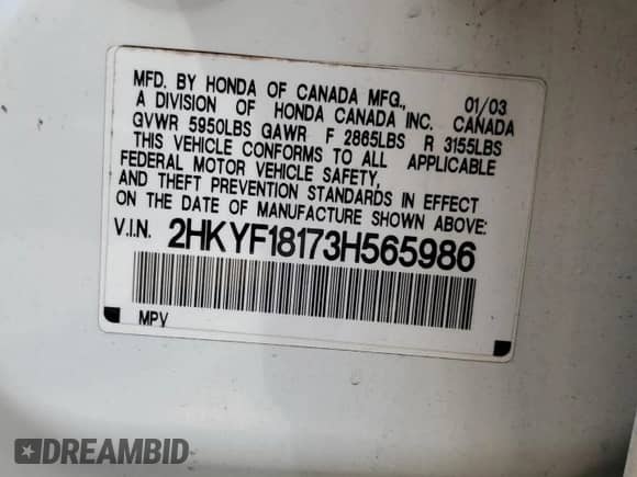 2003 Honda Pilot LX с VIN 2HKYF18173H565986, выставлен на аукционе Copart как лот 61982765 с пробегом 260 250 миль миль и Списание • Salvage title. История ставок и продаж доступна на DreamBid. Изображение 12.