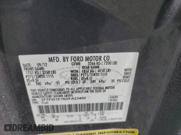 2013 Ford F-150 Lariat with VIN 1FTFW1ET6DFA23450, listed as a Copart auction lot 71629705 with 213,830 mi miles and Salvage title. Bid and sale history available at DreamBid. Image 12.