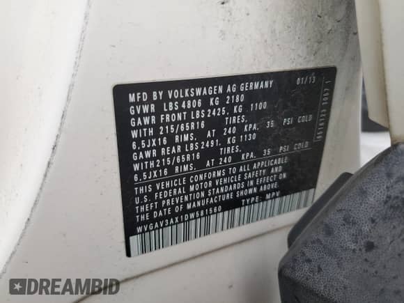 2013 Volkswagen Tiguan SE with VIN WVGAV3AX1DW581560, listed as a Copart auction lot 49342225 with 95,341 mi miles and Clean title. Bid and sale history available at DreamBid. Image 12.