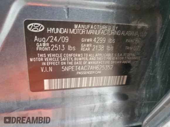 2010 Hyundai Sonata GLS with VIN 5NPET4AC7AH625352, listed as a Copart auction lot 85680945 with 180,524 mi miles and Clean title. Bid and sale history available at DreamBid. Image 12.