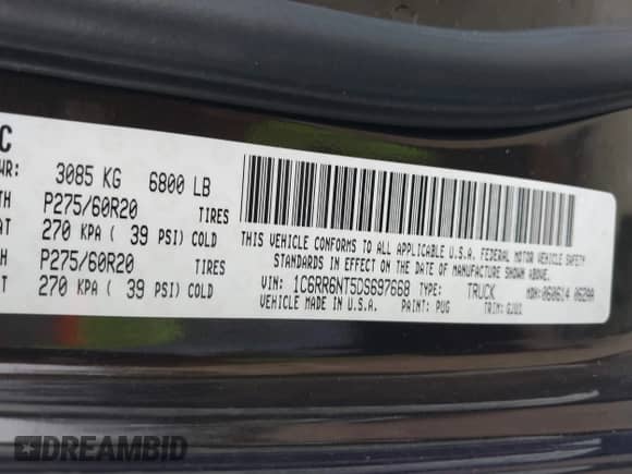 2013 Ram 1500 Laramie with VIN 1C6RR6NT5DS697668, listed as a IAAI auction lot 41501112 with 146,001 mi miles and . Bid and sale history available at DreamBid. Image 9.