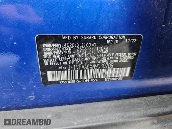 2022 Subaru WRX with VIN JF1VBAA6XN9030706, listed as a Copart auction lot 67030735 with 30,681 mi miles and Salvage title. Bid and sale history available at DreamBid. Image 13.