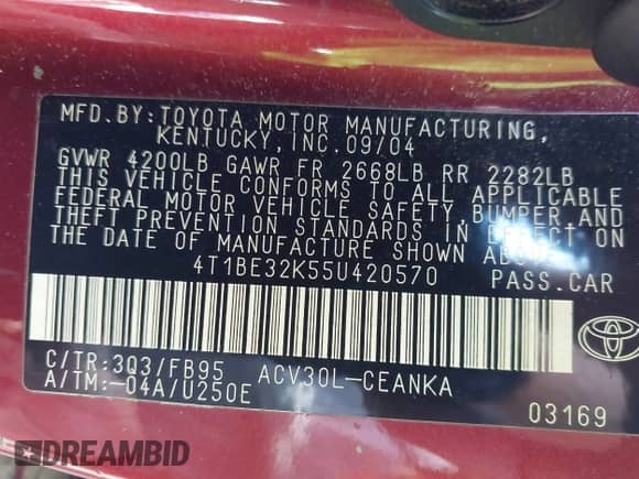 2005 Toyota Camry STD с VIN 4T1BE32K55U420570, выставлен на аукционе IAAI как лот 43497653 с пробегом 191 642 миль миль и . История ставок и продаж доступна на DreamBid. Изображение 9.