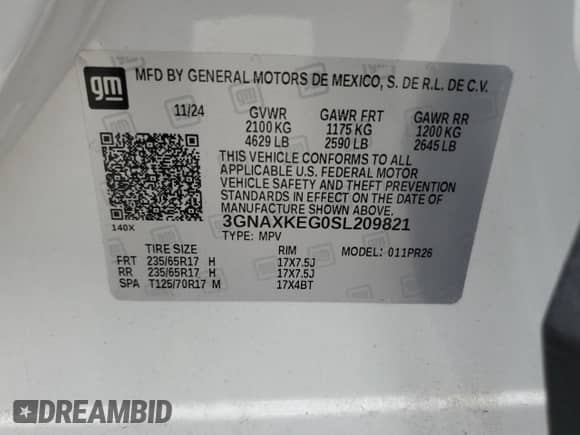 2025 Chevrolet Equinox FWD ACTIV с VIN 3GNAXKEG0SL209821, выставлен на аукционе Copart как лот 70463635 с пробегом 10 658 миль миль и Списание • Salvage title. История ставок и продаж доступна на DreamBid. Изображение 13.