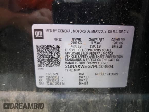 2023 Chevrolet Equinox RS with VIN 3GNAXWEG7PL104904, listed as a Copart auction lot 71887045 with Not provided miles and Salvage title. Bid and sale history available at DreamBid. Image 13.