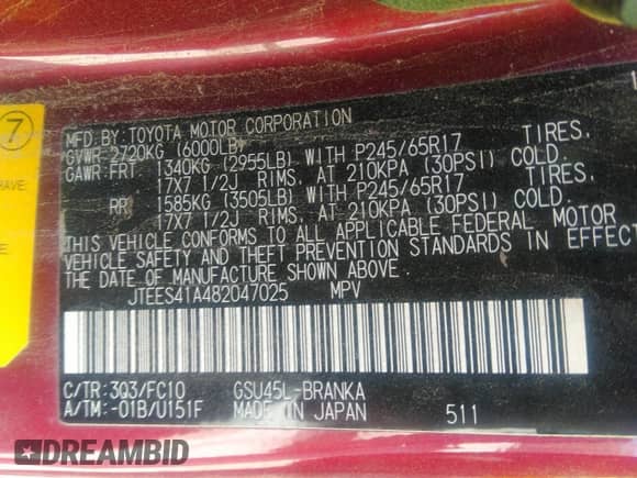 2008 Toyota Highlander z VIN JTEES41A482047025, wystawiony jako IAAI lot #35707410 z przebiegiem Nie podano mil oraz . Historia ofert i sprzedaży dostępna na DreamBid. Obrazek 9.