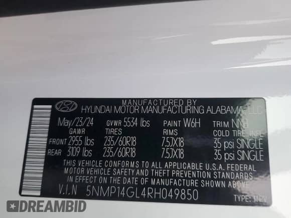 2024 Hyundai Santa Fe SE z VIN 5NMP14GL4RH049850, wystawiony jako Copart lot #81987004 z przebiegiem 2 897 mil mil oraz Szkoda całkowita • Salvage title. Historia ofert i sprzedaży dostępna na DreamBid. Obrazek 14.