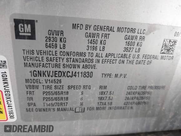 2012 Chevrolet Traverse 2LT with VIN 1GNKVJEDXCJ411830, listed as a IAAI auction lot 42537915 with Not provided miles and . Bid and sale history available at DreamBid. Image 9.