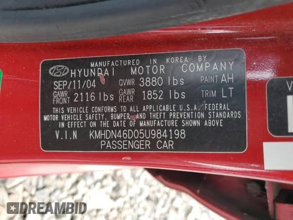 2005 Hyundai Elantra GLS с VIN KMHDN46D05U984198, выставлен на аукционе Copart как лот 67366335 с пробегом 93 066 миль миль и Списание • Salvage title. История ставок и продаж доступна на DreamBid. Изображение 13.