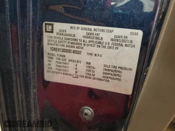 2009 Chevrolet Traverse LS с VIN 1GNEV13D39S145537, выставлен на аукционе Copart как лот 57262615 с пробегом Не указан миль и Чистый • Clean title. История ставок и продаж доступна на DreamBid. Изображение 13.