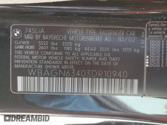 2003 BMW 7 Series 745Li with VIN WBAGN63403DR10940, listed as a Copart auction lot 54620465 with 184,535 mi miles and Salvage title. Bid and sale history available at DreamBid. Image 12.