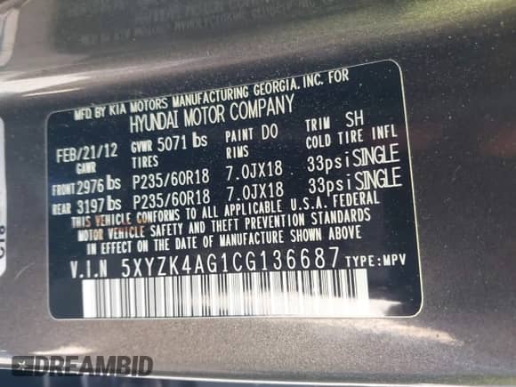 2012 Hyundai Santa Fe Limited with VIN 5XYZK4AG1CG136687, listed as a IAAI auction lot 42278275 with 138,764 mi miles and . Bid and sale history available at DreamBid. Image 9.