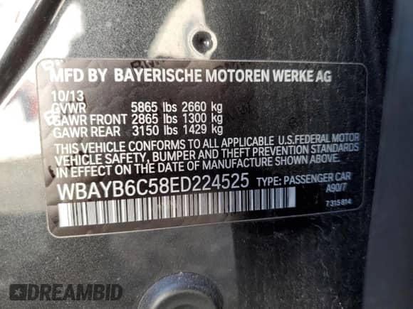 2014 BMW 7 Series 750i xDrive with VIN WBAYB6C58ED224525, listed as a Copart auction lot 85223354 with 132,892 mi miles and Clean title. Bid and sale history available at DreamBid. Image 13.
