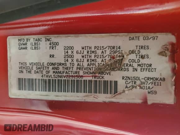 1997 Toyota Tacoma z VIN 4TAVL52N6VZ291508, wystawiony jako Copart lot #82747565 z przebiegiem 233 670 mil mil oraz Szkoda całkowita • Salvage title. Historia ofert i sprzedaży dostępna na DreamBid. Obrazek 12.