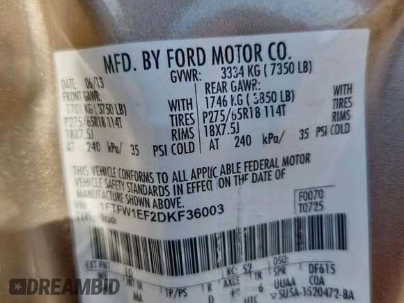 2013 Ford F-150 XLT с VIN 1FTFW1EF2DKF36003, выставлен на аукционе Copart как лот 85185725 с пробегом 281 994 миль миль и Списание • Salvage title. История ставок и продаж доступна на DreamBid. Изображение 12.