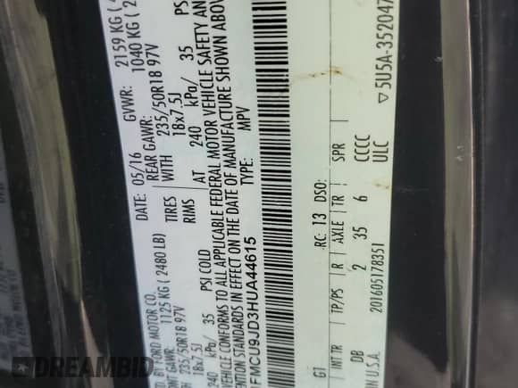 2017 Ford Escape Titanium с VIN 1FMCU9JD3HUA44615, выставлен на аукционе Copart как лот 82559535 с пробегом 149 193 миль миль и Чистый • Clean title. История ставок и продаж доступна на DreamBid. Изображение 13.
