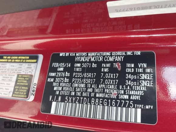 2014 Hyundai Santa Fe z VIN 5XYZTDLB8EG167775, wystawiony jako IAAI lot #42927978 z przebiegiem Nie podano mil oraz . Historia ofert i sprzedaży dostępna na DreamBid. Obrazek 9.