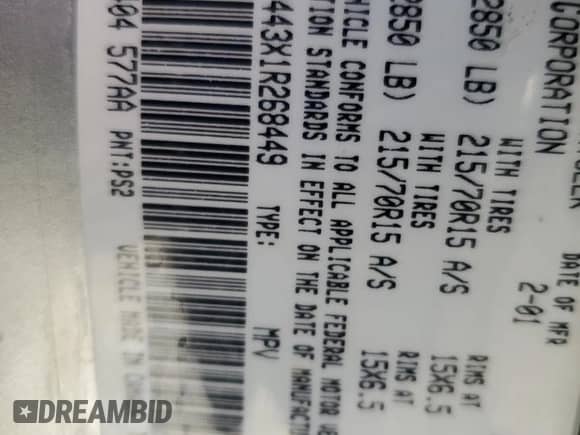 2001 Dodge Caravan Sport z VIN 2B4GP443X1R268449, wystawiony jako Copart lot #65857365 z przebiegiem Nie podano mil oraz Nie do naprawy • Non repairable. Historia ofert i sprzedaży dostępna na DreamBid. Obrazek 13.