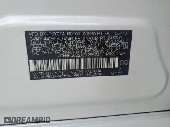 2010 Lexus IS 250 с VIN JTHBF5C22A5125523, выставлен на аукционе Copart как лот 84034925 с пробегом 169 226 миль миль и Списание • Salvage title. История ставок и продаж доступна на DreamBid. Изображение 12.