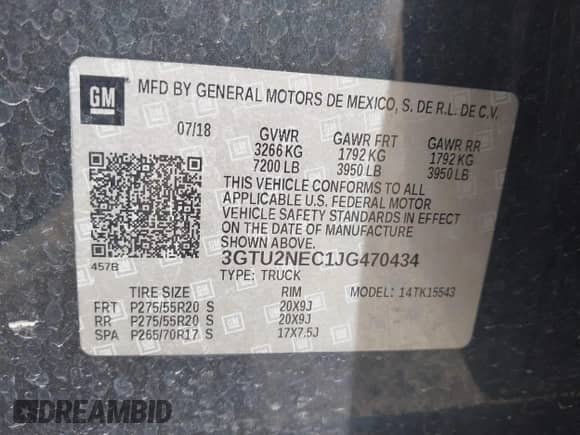 2018 GMC Sierra 1500 SLT z VIN 3GTU2NEC1JG470434, wystawiony jako IAAI lot #43335361 z przebiegiem 79 283 mil mil oraz . Historia ofert i sprzedaży dostępna na DreamBid. Obrazek 9.