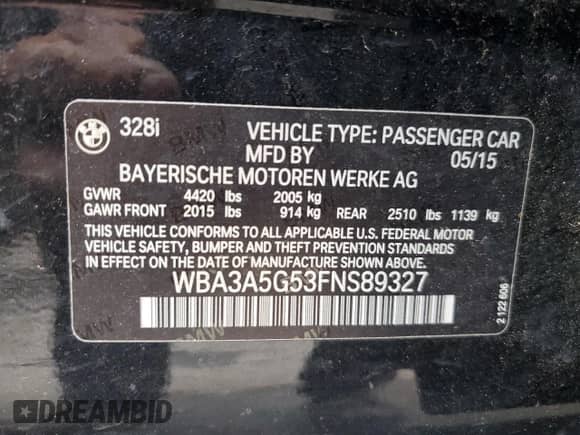 2015 BMW 3 Series 328i с VIN WBA3A5G53FNS89327, выставлен на аукционе Copart как лот 59706215 с пробегом 96 971 миль миль и Списание • Salvage title. История ставок и продаж доступна на DreamBid. Изображение 12.