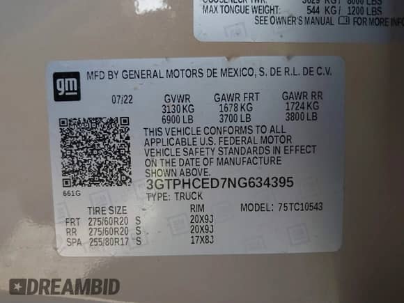 2022 GMC Sierra 1500 Elevation with VIN 3GTPHCED7NG634395, listed as a IAAI auction lot 41779973 with 94,404 mi miles and . Bid and sale history available at DreamBid. Image 9.
