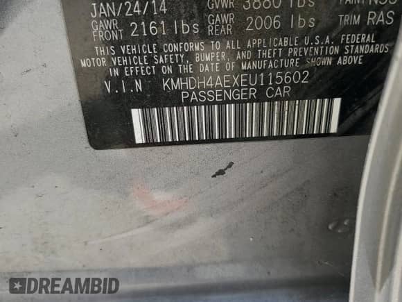 2014 Hyundai Elantra SE z VIN KMHDH4AEXEU115602, wystawiony jako Copart lot #61803335 z przebiegiem Nie podano mil oraz Szkoda całkowita • Salvage title. Historia ofert i sprzedaży dostępna na DreamBid. Obrazek 12.