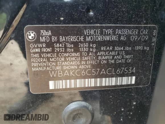 2010 BMW 7 Series 750i xDrive with VIN WBAKC6C57ACL67534, listed as a Copart auction lot 51488665 with 139,400 mi miles and Salvage title. Bid and sale history available at DreamBid. Image 12.